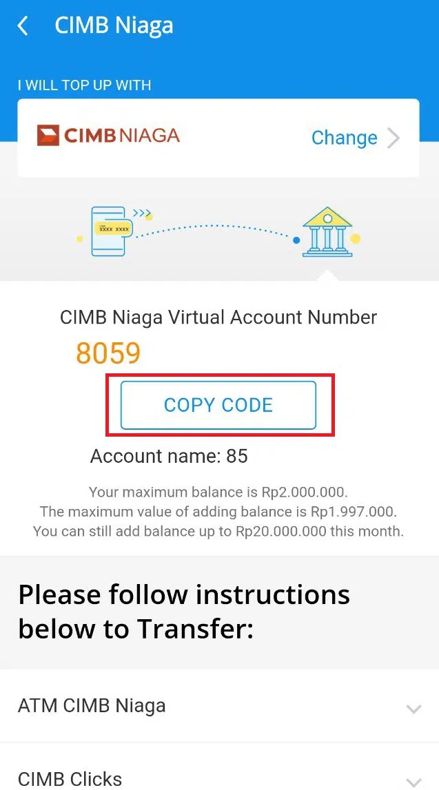 Akan muncul kode rekening virtual, klik Salin Kode atau kamu juga bisa catat kode tersebut secara manual
